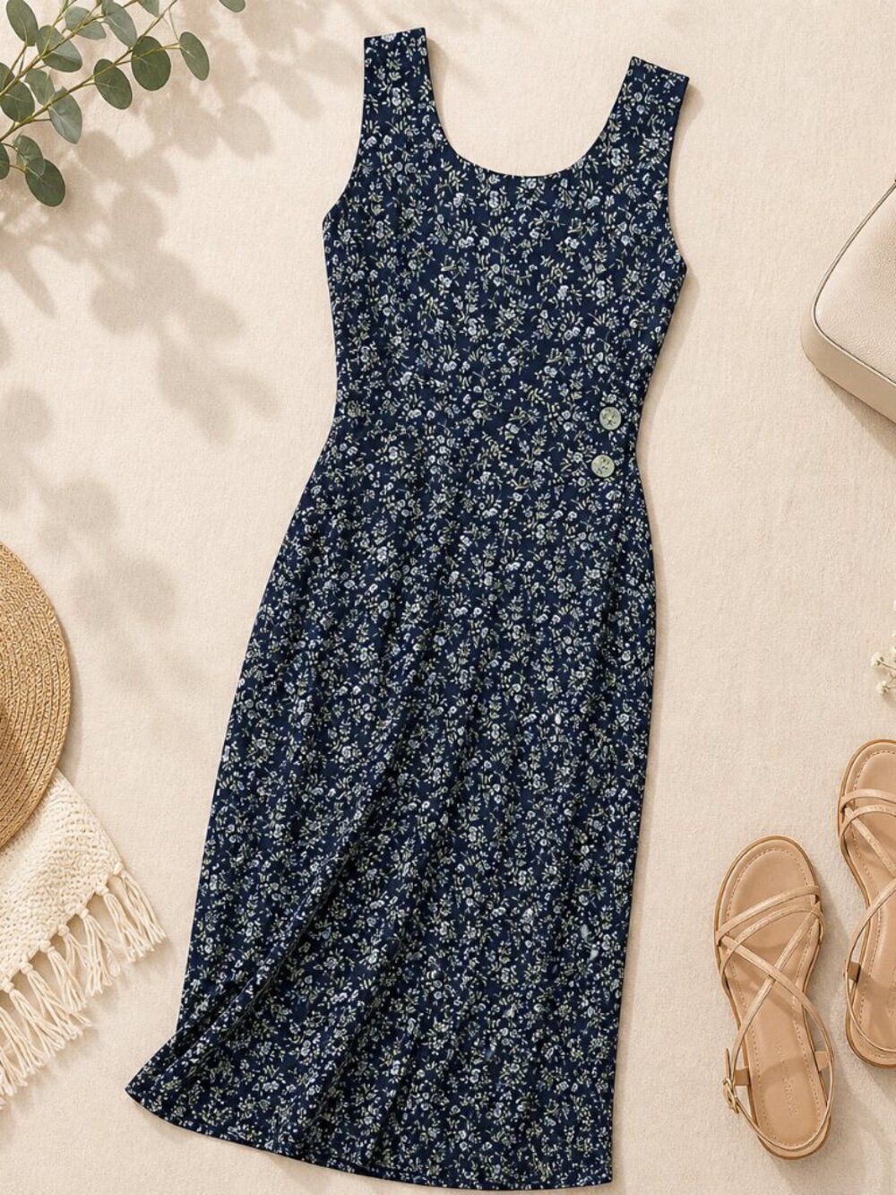 Metropolitan Rayon Floral Midi Dress Sleeveless Button Side Size M